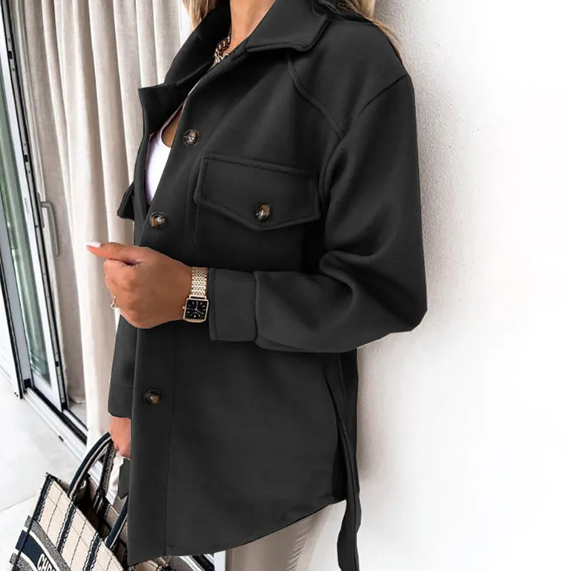 Women Fashion Slit Neck Casual Woolen Coats