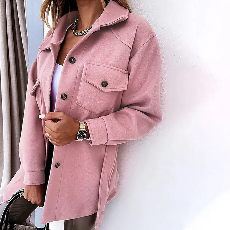 Women Fashion Slit Neck Casual Woolen Coats