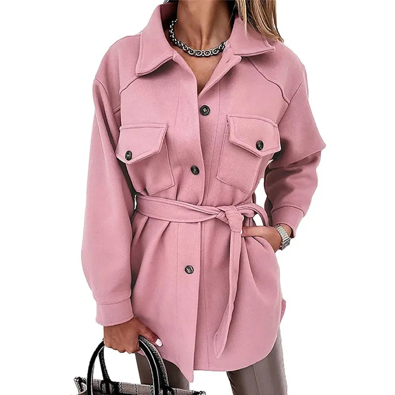 Women Fashion Slit Neck Casual Woolen Coats