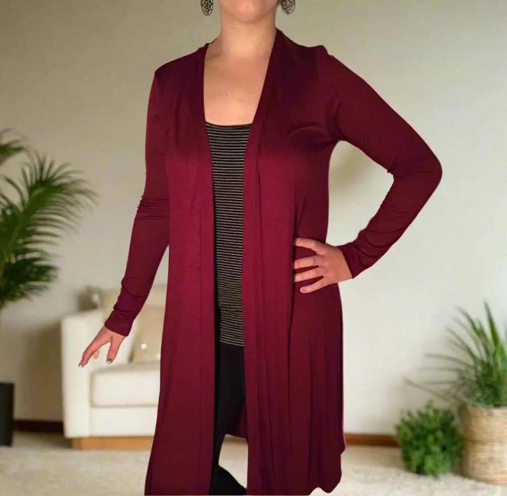 Womens Maroon Cardigan, Long Pocket Duster, Sizes S/M/L/XL, Solid Maroon