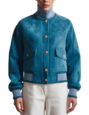 Women's Teal Suede Bomber Jacket With High Collar